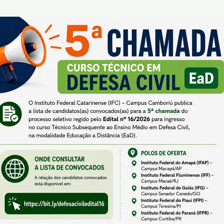 IFC divulga 5ª chamada para o curso técnico em Defesa Civil