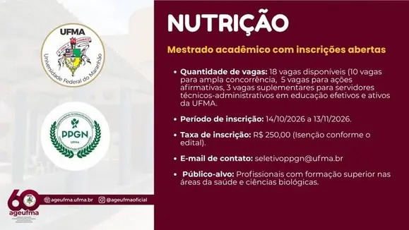 UFMA – Abre 18 vagas para mestrado em Nutrição